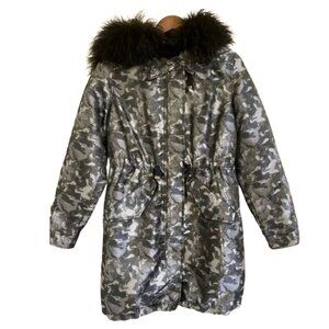 Topshop Women’s Size 4 Black & Silver Hooded Puffer‎ Coat with Faux-Fur Trim